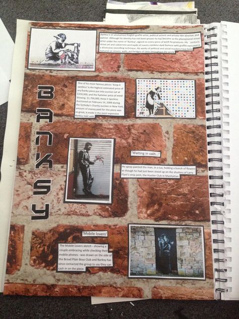 GCSE Banksy Art page in sketch book Banksy Research Page, Street Art Gcse Sketchbook, Banksy Gcse Art Sketchbook, Banksy Artist Research Page, Artist Analysis, Artist Research Page, Textiles Gcse, Art Coursework, Stencilling Techniques