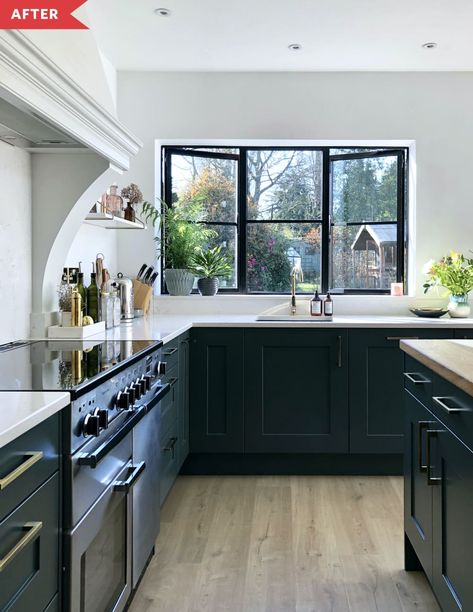 After: Kitchen with dark green lower cabinets, open shelving, and bright white walls Kitchen Cabinet Inspiration, Cabinet Inspiration, Dark Countertops, Devol Kitchens, 1930s House, Green Kitchen Cabinets, Green Cabinets, White Countertops, Blue Kitchen