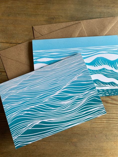 Waves Linocut Greetings Card breaking Waves - Etsy Wave Lino Print, Wave Linocut, Waves Linocut, Refugee Art, Print Making Designs, Linocut Printing, Breaking Waves, Stone Shapes, Making Water