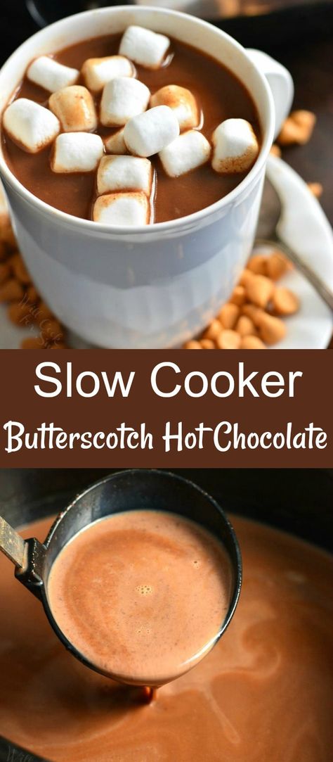 Crock Pot Butterscotch Hot Chocolate. The PERFECT drink to serve at dinners and parties in the cold weather. It's sweet, creamy, and made in a crock pot for convenience. #hotchocolate #butterscotch #beverage #drinks Hot Butterscotch Drink, Crockpot Drink Recipes, Alcohol Hot Chocolate Drinks, Butterscotch Drinks, Butterscotch Hot Chocolate, Butterscotch Coffee, Hot Alcoholic Drinks, How To Make Butterscotch, Crockpot Drinks