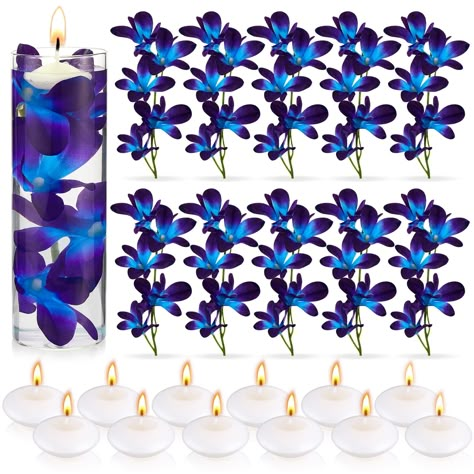 PRICES MAY VARY. Plastic, Iron Wire Nice Combination: you will receive a package including 16 pieces of artificial purple blue orchids and 12 pieces of unscented floating candles, beautiful appearance and fine workmanship, and the quantity is abundant to satisfy your various demands for daily decoration Suitable Using Size: each purple blue orchid stem measures approx. 19 cm/ 7.5 inches in total length, and each floating candle measures approx. 1.5 x 3.9 cm/ 0.6 x 1.5 inches, suitable sizes to s Flowers For Centerpieces, Purple Turquoise Wedding, Candles Purple, Blue Orchid Flower, Floating Candles Wedding, Purple Centerpieces, Galaxy Wedding, Birthday Party Table Decorations, Floating Candle Centerpieces