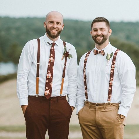 Burgundy floral bow ties, ties and matching suspenders for groom and groomsmen Bow Tie And Suspenders Wedding, Suspender Wedding, Rustic Groomsmen Attire, Fall Wedding Groomsmen, Brown Groomsmen, Fall Groom, Groomsmen Suspenders, Groom Style Wedding, Mens Wear Wedding