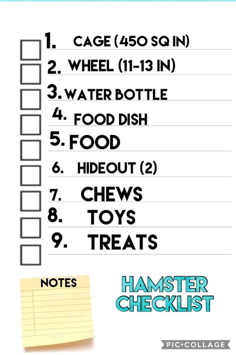 Hamster checklist  A checklist so you don’t forget anything when you buy a hamster Hamster Breeds Chart, Hamster Aesthetic Cage, Hamster Cage Ideas Aesthetic, Hamster Types, Diy Hamster Stuff, Hamster Food List, Hamster Care Guide, Hamster Care Checklist, Hamster Care Tips