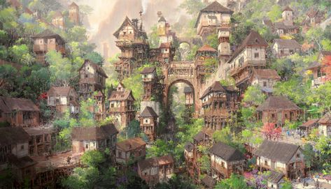 ArtStation - Forest_Village Forest Village, Fantasy Village, Fantasy Town, Fantasy Island, Photoshop Painting, Fantasy Forest, Fantasy City, Fantasy Places, Fantasy Setting