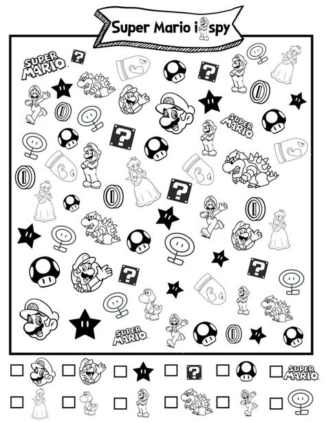 Super Mario I Spy Free Printable Game Super Mario Games For Kids, Super Mario Printables Free Coloring, Super Mario Learning Activities, I Spy Pages Free Printable, Mario Bingo Free Printable, Super Mario Worksheets Free Printables, Mario Word Search, Super Mario Bingo Free Printable, Super Mario Activity Sheets