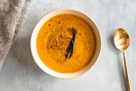 Brown Butter Sage & Squash Soup - With Thyme Nutrition Butternut Sage Soup, Utter It Squash Soup, Butternut Squash Sage Soup, Butternut Squash Soup Photography, Minimalist Baker Butternut Squash Soup, Standard American Diet, Clean Pots, Pureed Soup, Body Tissues