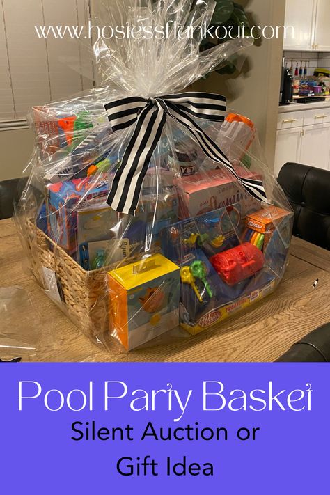 Silent Auction basket, pool basket, gift idea Pool Themed Gift Basket, Pool Gift Basket Ideas, Pool Party Gift Bags, Auction Basket Ideas Fundraising, Cooler Gift Basket Ideas, School Silent Auction, Beach Gift Basket, Silent Auction Gift Basket Ideas, Toy Gift Basket