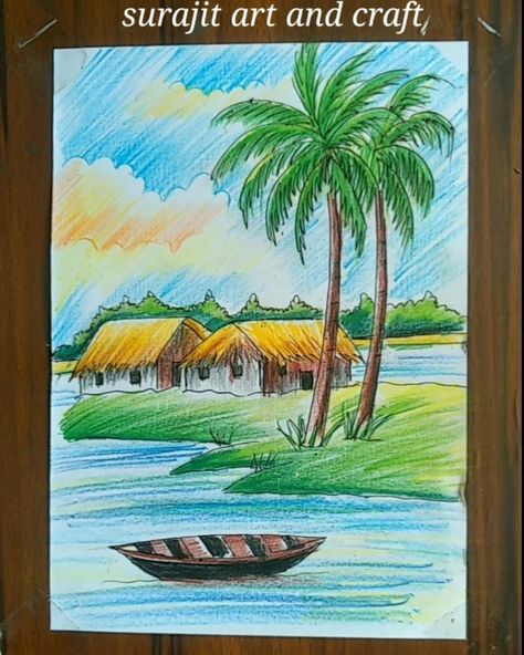 Beautiful Senary Drawing Easy, Drawing Of Scenery Landscapes, Drawing Of A Village, Village Scene Drawing Pencil Sketch, Colourful Scenery Drawing, A Village Scene Drawing, Village Scene Drawing Pencil Colour, Scenery With Pencil Colour, Scenery Drawing With Colour Pencil