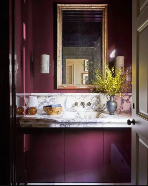 Post Image Aubergine Walls, Dark Purple Bathroom, Clements Design, Instagram Office, Calacatta Viola Marble, Viola Marble, Calacatta Viola, French Apartment, Purple Bathrooms