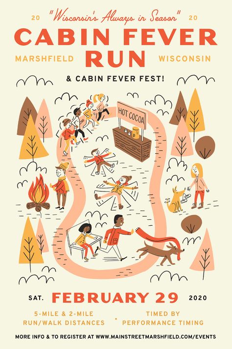 Cabin Fever Run Poster Illustration on Behance Camping Illustration, Running Posters, Design Camp, Event Promo, Event Poster Design, Poster Illustration, Nature Posters, Cabin Fever, Illustrated Map