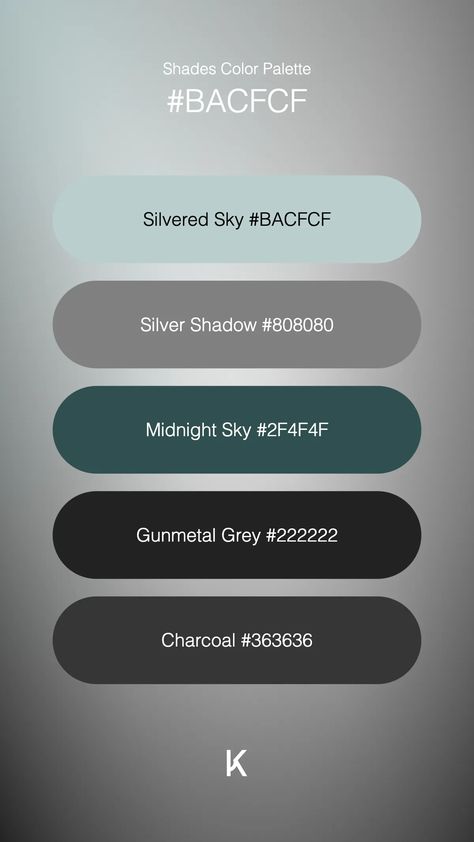 Shades Color Palette Silvered Sky #BACFCF · Silver Shadow #808080 · Midnight Sky #2F4F4F · Gunmetal Grey #222222 · Charcoal #363636 Pale Moon, Hex Color Palette, Midnight Sky, Hex Colors, Gunmetal Grey, To Day, Unique Colors, Color Palette, Shades