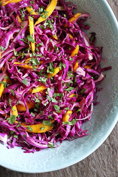 Red Cabbage-Mango Slaw Cabbage Slaw For Tacos, Slaw For Tacos, Healthy Steak, Grapefruit Salad, Mango Slaw, Red Cabbage Salad, Red Cabbage Slaw, Pumpkin Seed Recipes, Life Challenge