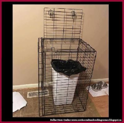 Dollar Store Crafter: Use Your Dog's Crate To Protect The Garbage Can Mini Liquor Bottles, Toilet Paper Tube, Dust Pan, Pot Lids, Diy Life Hacks, Diy Life, Screen Door, Dog Crate, Home Hacks