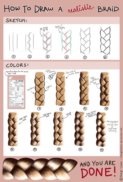 Draw Braids, How To Draw Braids, Drawing Hair Tutorial, Hair Sketch, Braid Tutorial, Coloring Tutorial, Digital Painting Tutorials, Pencil Art Drawings, Realistic Drawings