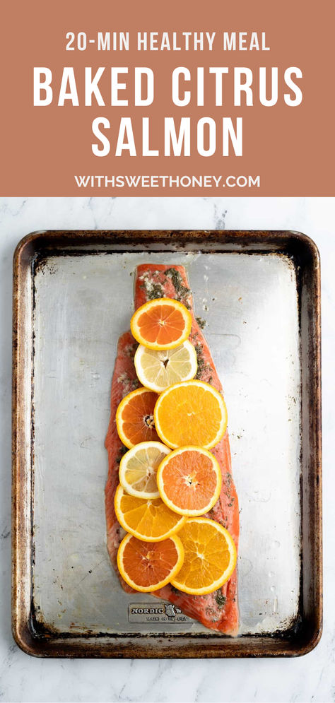 This simple citrus salmon is done in under 20 minutes and delivers mouth-watering flavor. Not only is it perfectly seasoned with panty-staple spices, it’s also elegantly topped with sliced citrus for an impressive dish perfect for family dinner or dinner party. Citrus Baked Salmon, Citrus Herb Salmon, Citrus Glazed Salmon, Salmon With Orange, Citrus Salmon, Herb Salmon, Sauce For Salmon, Orange Baking, Garlic Salmon