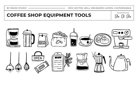 Hand drawn Coffee Shop Equipment Tools Coffee Shop Equipment, Ui Design Patterns, Coffee Vector, Coffee Equipment, Coffee Illustration, Shop Equipment, Vector Drawing, Ui Design, Coffee Shop