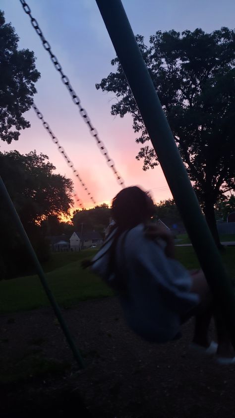 Girl on a swing in the park with a sunset behind her Playground Aesthetic, Park Playground, School Playground, Backgrounds Wallpapers, Tv Movies, Swing Set, Music Tv, Summer Aesthetic, The Park