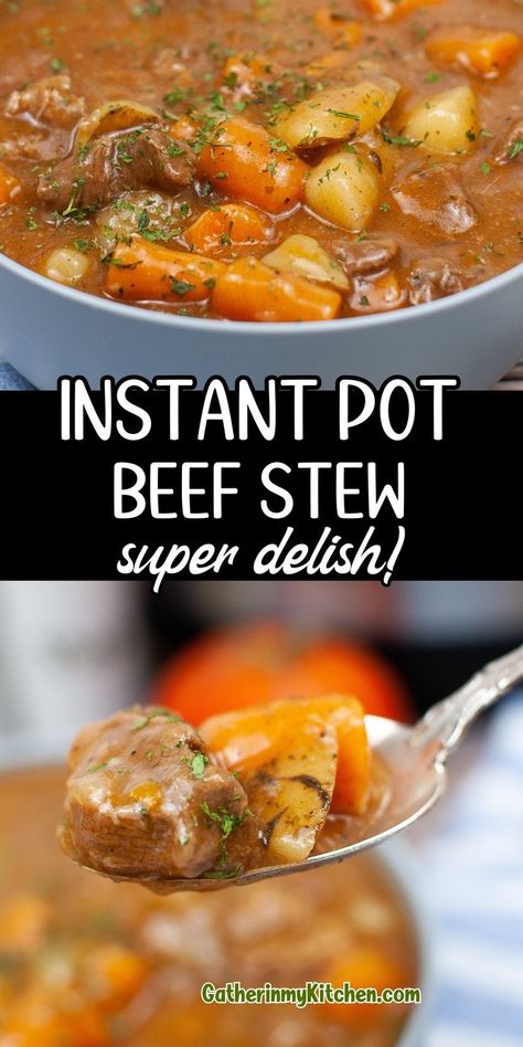 This Instant Pot beef stew is the perfect dinner on a cold, rainy evening.  It's filled with beef stew meat, potatoes, carrots, and onions. Thick Beef Stew Recipe, Basic Beef Stew, Thick Beef Stew, Curry Marinade, Potatoes And Mushrooms, Instant Pot Beef Stew Recipe, Beef Chunks, Instant Pot Beef Stew, Beef And Potato Stew