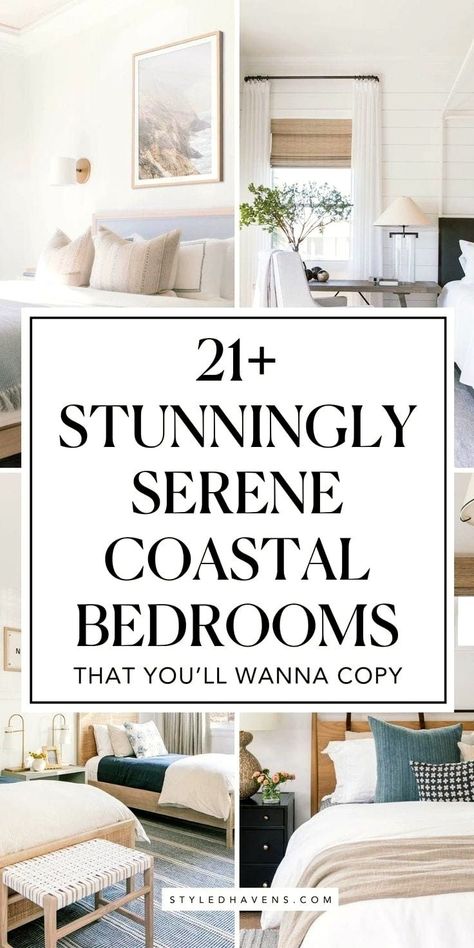 Searching for coastal bedroom ideas and decor? Coastal bedroom spaces are *our vibe* - and today, we've hand-picked our very fav coastal bedroom design inspo that you *need* to see. Whether you're looking for coastal interior inspo, for the perfect neutral bedroom, or just want to scroll through coastal style bedroom inspiration - *this* is the cozy bedroom inspo you're looking for! California Casual Bedroom Ideas, Coastal Calm Bedroom, Costal Bedroom Design, Coastal Bedroom Inspiration, Coastal Master Bedrooms Decor, Costal Bedroom Idea, Beach Bedroom Ideas Coastal Style, Coastal Teen Bedroom, Cozy Primary Bedroom