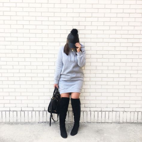 GRAY HOODIE DRESS WITH OTK BOOTS Sweat Shirt Dress Outfit Boots, Sweatshirt Dresses Outfit, Sweatshirt Dress Outfit Winter, Ways To Style A Sweatshirt, Dress Boots Winter, Style A Sweatshirt, Hoodie Dress Outfit, Sweatshirt Dress Outfit, Julia Marie