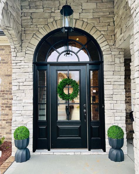 Front Door With Semi Circle Window, Front Door Curved Top, Round Entry Door, Arched Front Doors, Black Arched Double Front Door, Arched Front Door Exterior, Archway Front Door Entrance, Black Arched Front Door, Front Door With Arched Window