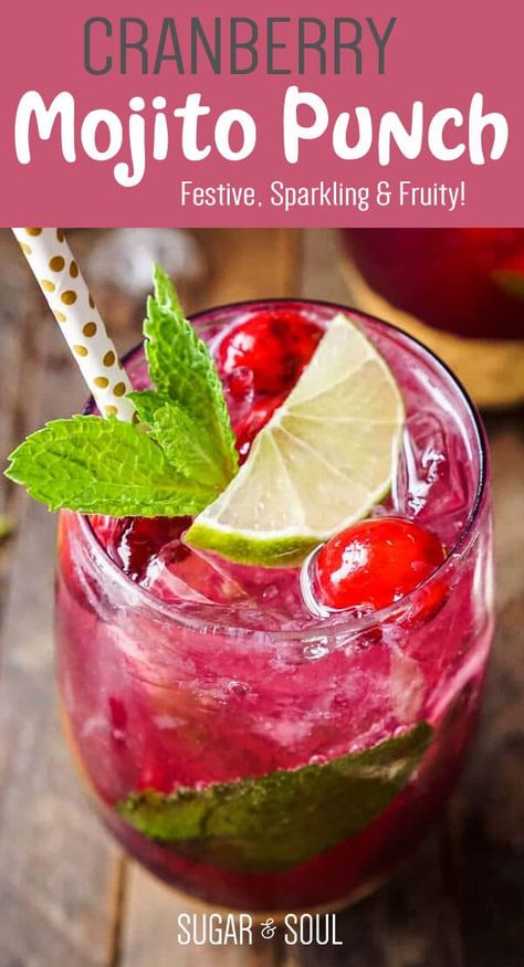 This Cranberry Mojito Punch is a festive, sparkling, and fruity large-batch cocktail that's sure to have everyone dancing the night away at your holiday party! #christmas #cranberry Cranberry Mojito Recipe Pitcher, Mojito Punch, Cranberry Mojito, Mojito Recipe Pitcher, Holiday Drinks Alcohol, Christmas Drinks Alcohol Recipes, Cranberry Punch, Christmas Drinks Alcohol, Punch Cocktails