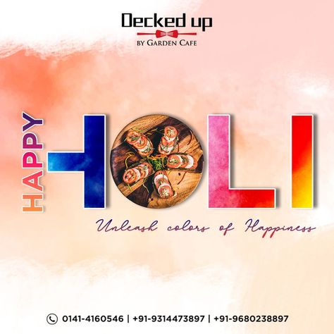 Rejoice in the festive hues of Holi over chef-curated treats at Decked Up by Garden Cafe. Savor traditional delicacies and handcrafted beverages for a colorful afternoon with your friends and family. Wishing everyone a very Happy Holi. . . #gardencafe #deckedup #jaipur #happyholi #happyholi2022 #holi2022 #festivalofcolors #indianfestivals #festivevibes #celebration #colors #specialoccasion #celebrationday #enjoywithfamily Holi Creative, Holi Poster, Cafe Posters, Holi Wishes, Photoshop Design Ideas, Celebration Day, Garden Cafe, Food Poster Design, Holi Festival