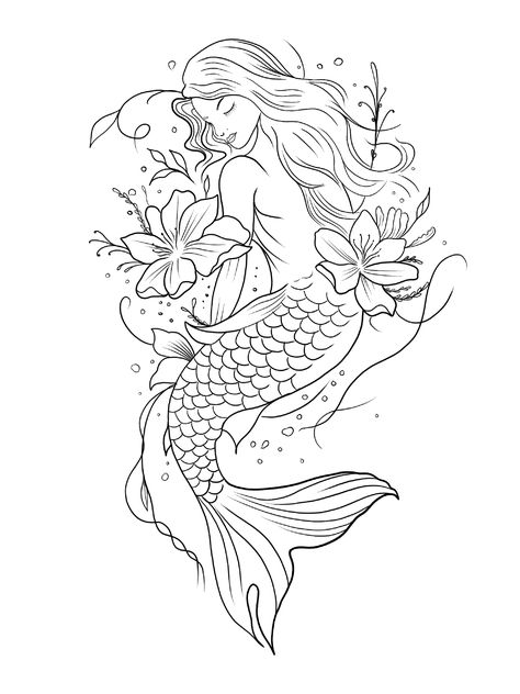 Fairy And Mermaid Tattoo, Mermaid Tattoo Drawing, Pagan Parenting, Girly Hand Tattoos, Mermaid Outline, Animal Stencil Art, Siren Tattoo, Mermaid Sketch, Mermaid Tattoo Designs