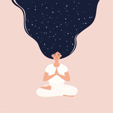 Woman with starry hair meditating in lot... | Premium Vector #Freepik #vector Starry Hair, Hair Poster Design, Yoga Background, Yoga Drawing, Hair Poster, Yoga Hair, Hair Illustration, Peace Illustration, Sun And Clouds