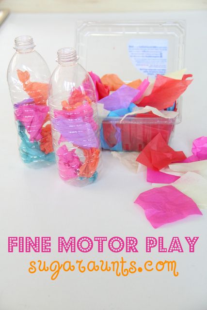 Tissue Paper and Empty plastic bottles: play plus fine motor strengthening, tripod grasp, defining arches of the hand, bilateral hand coordination, eye-hand coordination, colors, and FUN! By #TheSugarAunts Tripod Grasp Activities, Fine Motor Play, Fast Driving, Preschool Fine Motor Skills, Search Pinterest, Fine Motor Activities For Kids, Preschool Fine Motor, Gross Motor Activities, Fine Motor Skills Activities