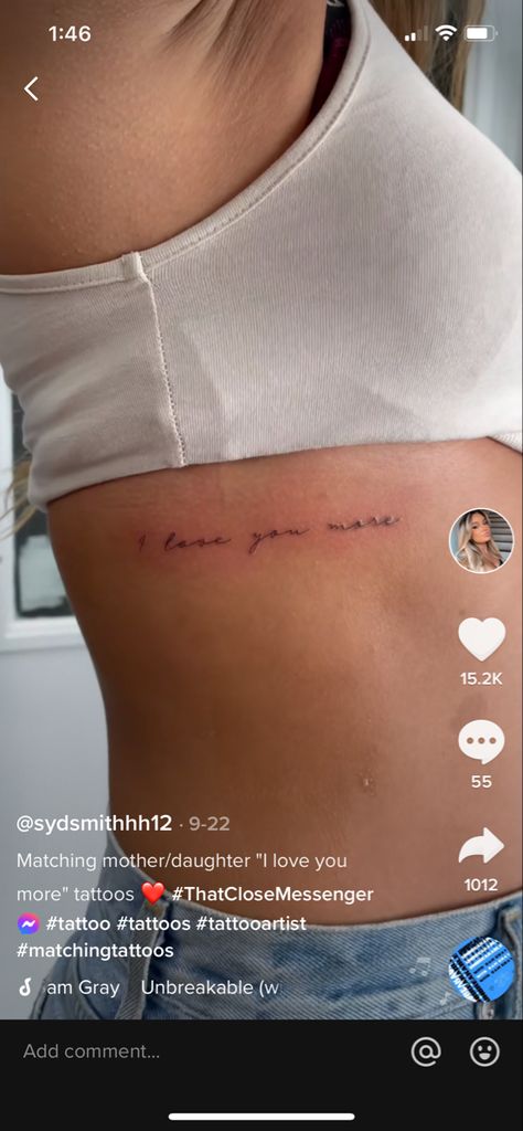 Tattoo Placements For Words, Small Tattoos On Rib Cage, Simple Back Shoulder Tattoo, Tattoo Writing Placement, Mothers Writing Tattoo, I Love You Hip Tattoo, Back Tattoo Small Upper, Tattoo Rib Placement, I Love You Rib Tattoo