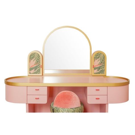 Pink Bedroom Vanity with Velvet Pouf, Set of 2 | Chairish Bedroom Wall Styling Ideas, Boho Art Deco Bedroom, Peach And Green Bathroom, Wood Vanity Bedroom, Corner Vanity Bedroom, Cottagecore Vanity, Colorful Vanity, Feminine Furniture, Rounded Mirror