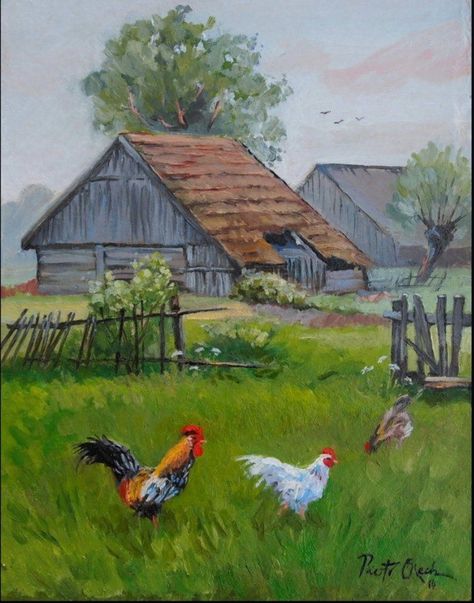 Old Farm Paintings, Country Scenes Farms Landscapes, Country Landscape Paintings, Farm Landscape Painting, Farm Scene Painting, Farm Drawing, Cottagecore Painting, Farm Animal Paintings, Farm Painting