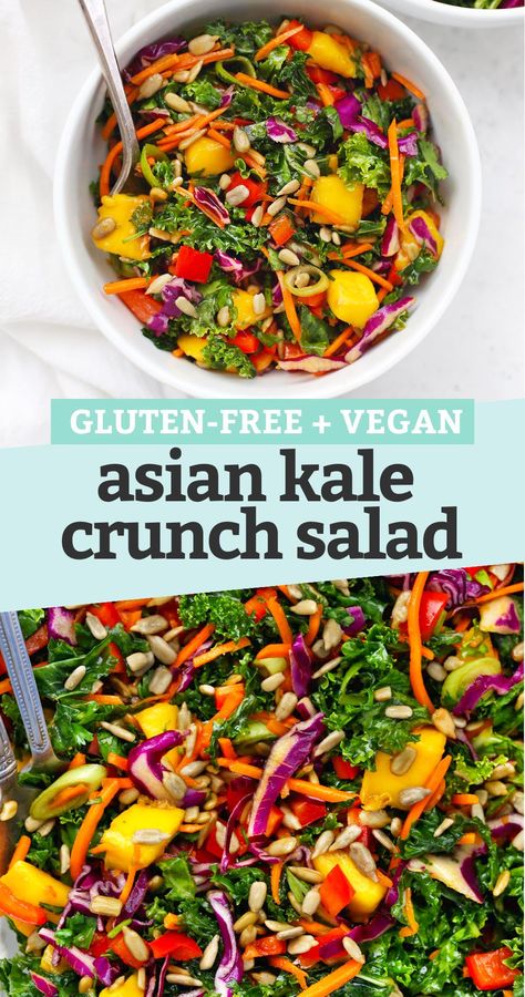 Asian Kale Crunch Salad - This colorful kale salad has a rainbow of veggies, a tangy Asian-inspired dressing, and plenty of crunch. It's a fresh, delicious side dish or awesome main dish any day of the week! (Gluten-Free, Vegan, Paleo-Friendly) // Asian Kale Salad // Kale Crunch Salad Recipe // Mango Kale Salad // Healthy Lunch // Side Salad // Rainbow Kale Salad #kale #lunch #glutenfree #vegan Kale Crunch Salad, Asian Kale, Kale Salads, Recipe Mango, Salad Kale, Crunch Salad, Lunch Sides, Kale Salad Recipes, Vegan Asian