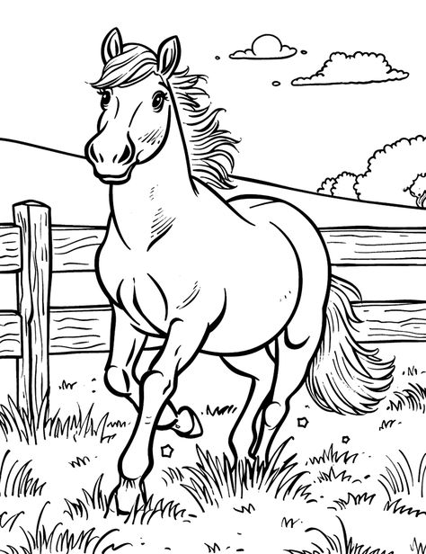 Horse Galloping by a Fence Farm Animal Coloring Page - A majestic horse galloping along a wooden fence line in a field. Farm Animal Coloring Pages Free, Animal Coloring Pages Free Printable, Ffa Week, Horses Coloring, Starfish Colors, Ballerina Coloring Pages, Happy Pig, Boy Coloring, Farm Animal Coloring Pages