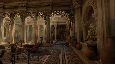 Ancient Rome Interior, Ancient Greek Room Decor, Ancient Greek Style Bedroom, Ancient Greek House Interior, Ancient Greek Bedroom, Essos Aesthetic, Ancient Greek Interior, Roman Room, Greek Castle