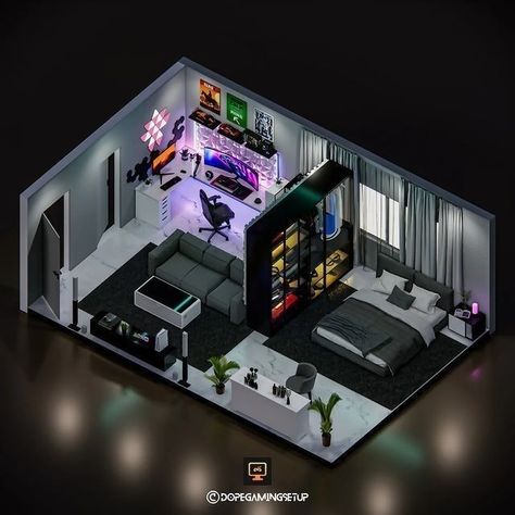 Video Game Set Up In Bedroom, Cam Room Setup, 3d Gaming Room Design, Studio Game Room, Gaming Studio Room, Bedroom Game Room Ideas, Sims Gaming Room, Isometric Gaming Room, Gamer Bedroom Design