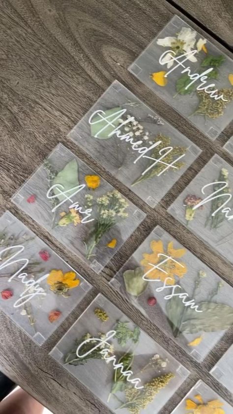 Cottage Core Wedding, Acrylic Name Plate, Shed Wedding, Wedding Table Name Cards, Wildflower Wedding Theme, Cottagecore Wedding, Flowers Pressed, Table Name Cards, Wedding Table Names