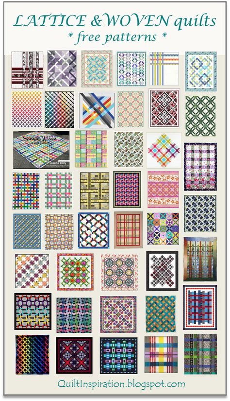 50 free patterns at Quilt Inspiration:   lattice, trellis, basket weave, interlocking rings and plaid designs Basketweave Quilt Pattern Free, Lattice Quilt Block, Plaid Quilt Patterns Free, Batik Quilts Ideas Free Pattern, Lattice Quilt Pattern Free, Woven Quilt Pattern, Lattice Quilts, Strip Quilting, Tumbling Blocks Quilt