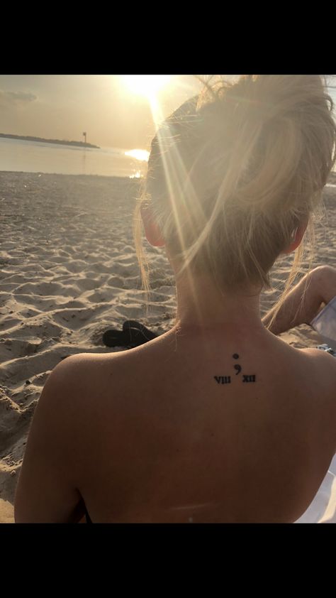 Semi-colon Tattoo On Neck, Semi-colon Tattoo Back Of Neck, Tattoo With Roman Numerals, Semi Colon Tattoo, Colon Tattoo, Tattoo 2023, Upper Back Tattoos, Semi Colon, Semicolon Tattoo