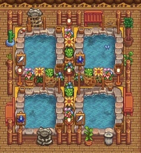 Sdv Fish Pond, Stardew Valley Traveling Cart Design, Stardew Valley Shifting, Stardew Valley Fish Pond Layout, Sdv Beehive Layout, Fish Pond Stardew Valley, Sdv Farm Ideas, Stardew Mushroom Cave Design, Stardew Valley Cave Layout