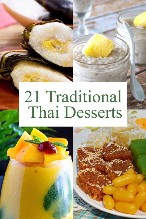 Thailand is known for its delicious cuisine and famous savory dishes such as Pad Thai, but also some traditional Thai desserts. People all over the world have fallen in love with Thai cuisine. We love the lemongrass and other spices, and we also love all of the delicious coconut milk they use in their recipes. Whether you love pad Thai, fried rice, or other Thai food favorites, you definitely need to make some Thai desserts. Thai Tapioca Dessert, South East Asian Desserts, Thai Sweets Desserts, Thai Bread Recipes, Southeast Asian Desserts, Thailand Dessert Recipe, Laotian Desserts, Lemongrass Dessert, Thai Menu Ideas