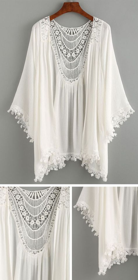 7949e456002b28988d38185bd30e77fddesc48298827ri Crochet Kimono, Boho Mode, White Kimono, Estilo Hippie, Mode Boho, Summer Fashion Beach, Skirt Maxi, Estilo Boho, White Blouse