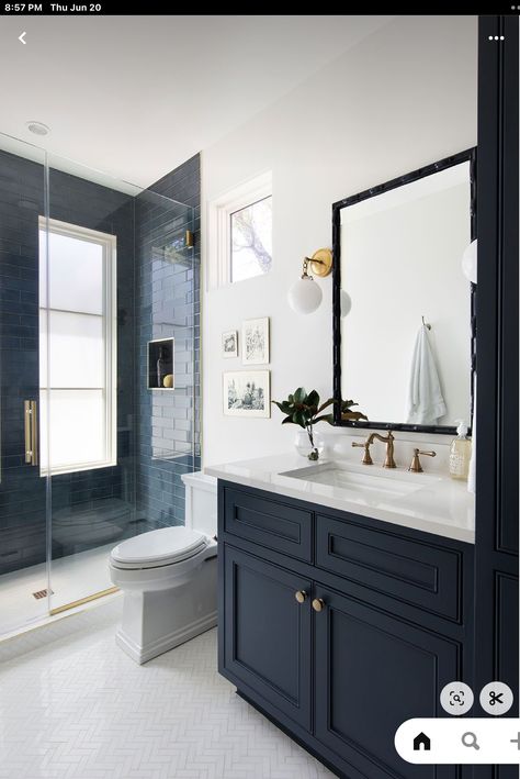 Bathroom With Navy Vanity Ideas, Dr Horton Bathroom Remodel, Bathroom Remodel Navy, Navy Blue Shower Tile, Navy White Bathroom, Bathroom With Blue Vanity, Navy Bathroom Ideas, Cali Bedroom, Boys Bathroom Ideas