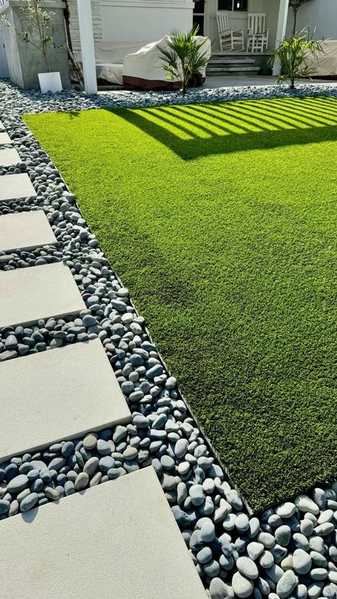 Pavers And Fake Grass Backyard, Outdoor Turf Patio, Patio Blocks With Grass In Between, Turf With Rock Border, Stone And Grass Backyard, Yard Turf Ideas, Turf And Concrete Driveway, Stone And Turf Backyard, Turf Design Ideas