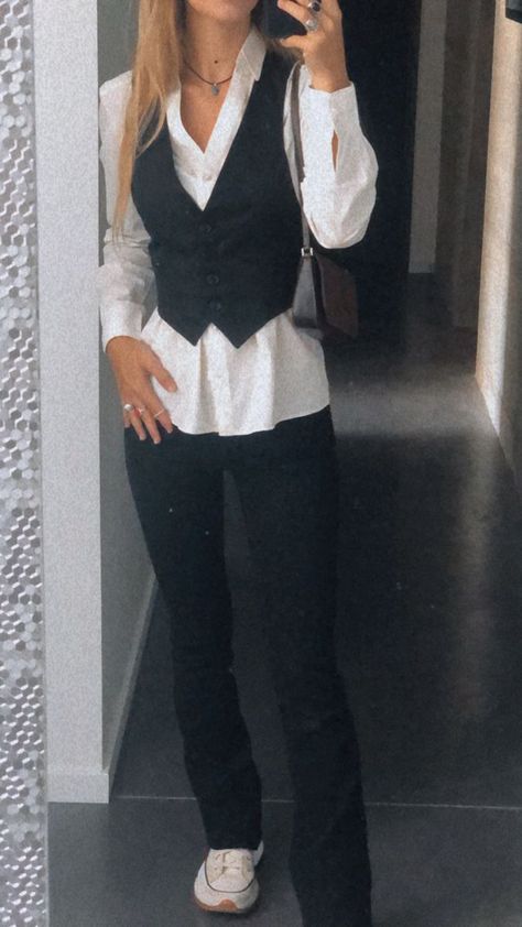 Waistcoat Looks Women, White Shirt And Vest Outfit Women, Style Black Waistcoat, Black Dress Vest Outfits For Women, Shirt And Waistcoat Outfit, Black Vest White Shirt Outfit, Waistcoat Vest Outfit, Button Up And Vest Outfit, White Vest Outfits For Women Classy