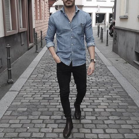 Mens What To Wear With Black Jeans Outfits Styles Light Blue Shirt Denim Shirt Black Jeans, Denim Shirt Outfits, Denim Shirt Outfit, Jeans Outfit Men, Shirt Outfit Men, Look Jean, Black Jeans Men, Black Jeans Outfit, Denim Shirt Men