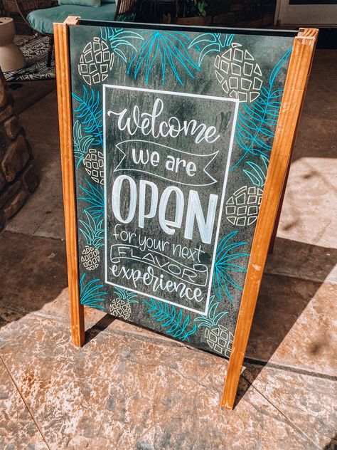 Blackboard Restaurant Ideas, Restaurant Welcome Sign, Chalkboard Open Sign Ideas, Chalkboard Store Sign, Cafe Blackboard Ideas, Sandwich Board Ideas Chalkboard Signs, Restaurant Chalkboard Ideas, Summer Chalkboard Ideas, Chalk Art Coffee