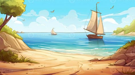 Sky and sun at sea background, ocean and beach vector island scenery empty cartoon. Ocean or sea water with waves and clouds in sky summer blue seascape with cloudy sky and seaside. Generative Ai Sea Cartoon Background, Island Scenery, Cartoon Ocean, Background Ocean, Beach Vector, Boat Cartoon, Beach Cartoon, Ocean And Beach, Sea Background