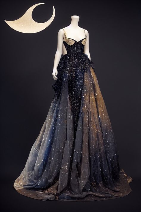 Star Gown Night Skies, Starfall Dress Acomaf, Nesta Dress Acotar, Constellation Dress Gowns, Ravenclaw Ball Gown, Celestial Dress Aesthetic, Space Inspired Dress, Night Sky Gown, Celestial Fashion Aesthetic